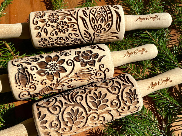 FLORET 3 Kid Rolling Pin Set with Lotus, Kashmir, Paisley, Flowering Vine, Lily Flowers Patterns. Wooden Laser Cut Mini Rolling Pins for Cookies, Play