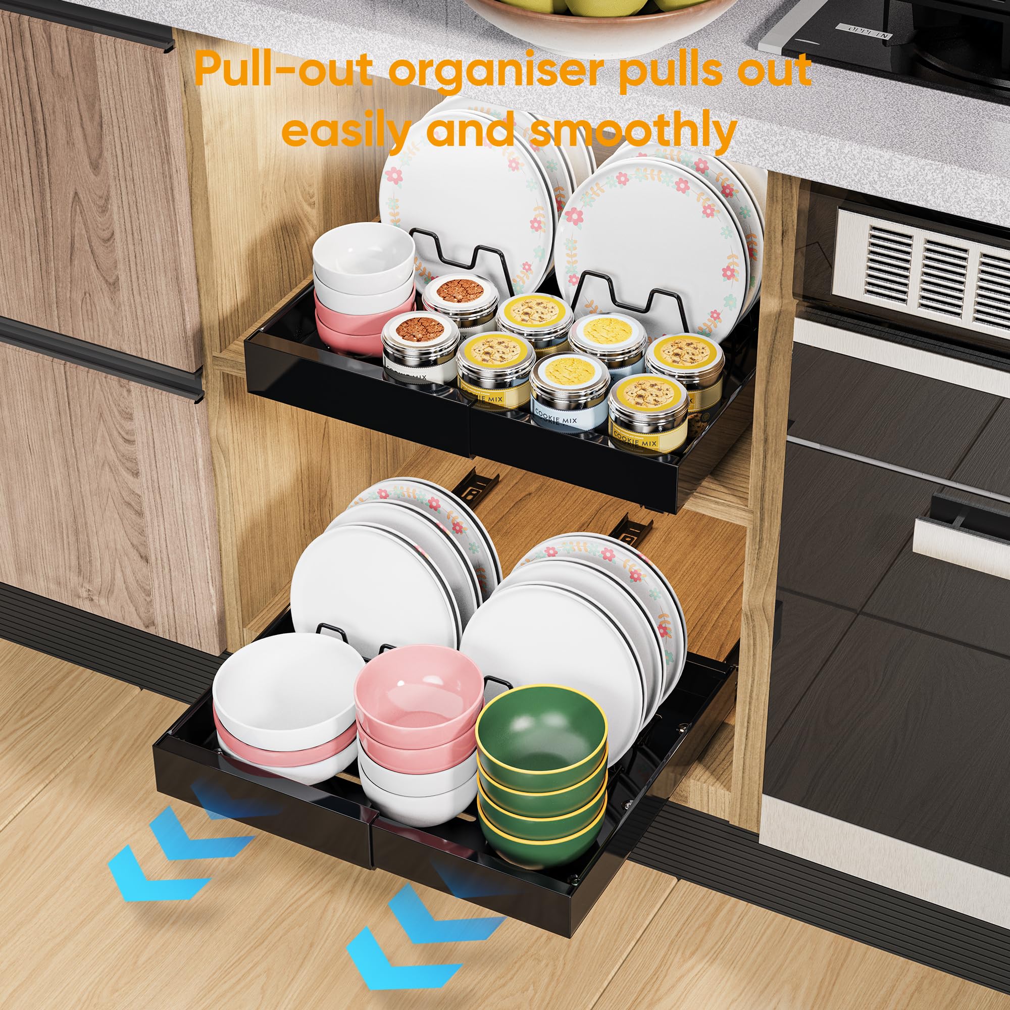 iHomara 2 Pack Expandable Pull Out Cabinet Organizer, Slide Out Drawers for Kitchen Cabinets, Pull 0ut Kitchen Storage 53cm deep with 8 crockery