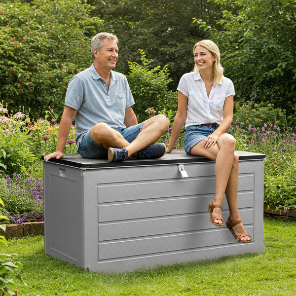 Olsen & Smith 680L Large Garden Storage Box - Weather Resistant Heavy Duty Garden Box with Padlock & Wood Effect - Huge Capacity Outdoor Storage Chest for Tools, Cushions, Toys & More (Anthracite)