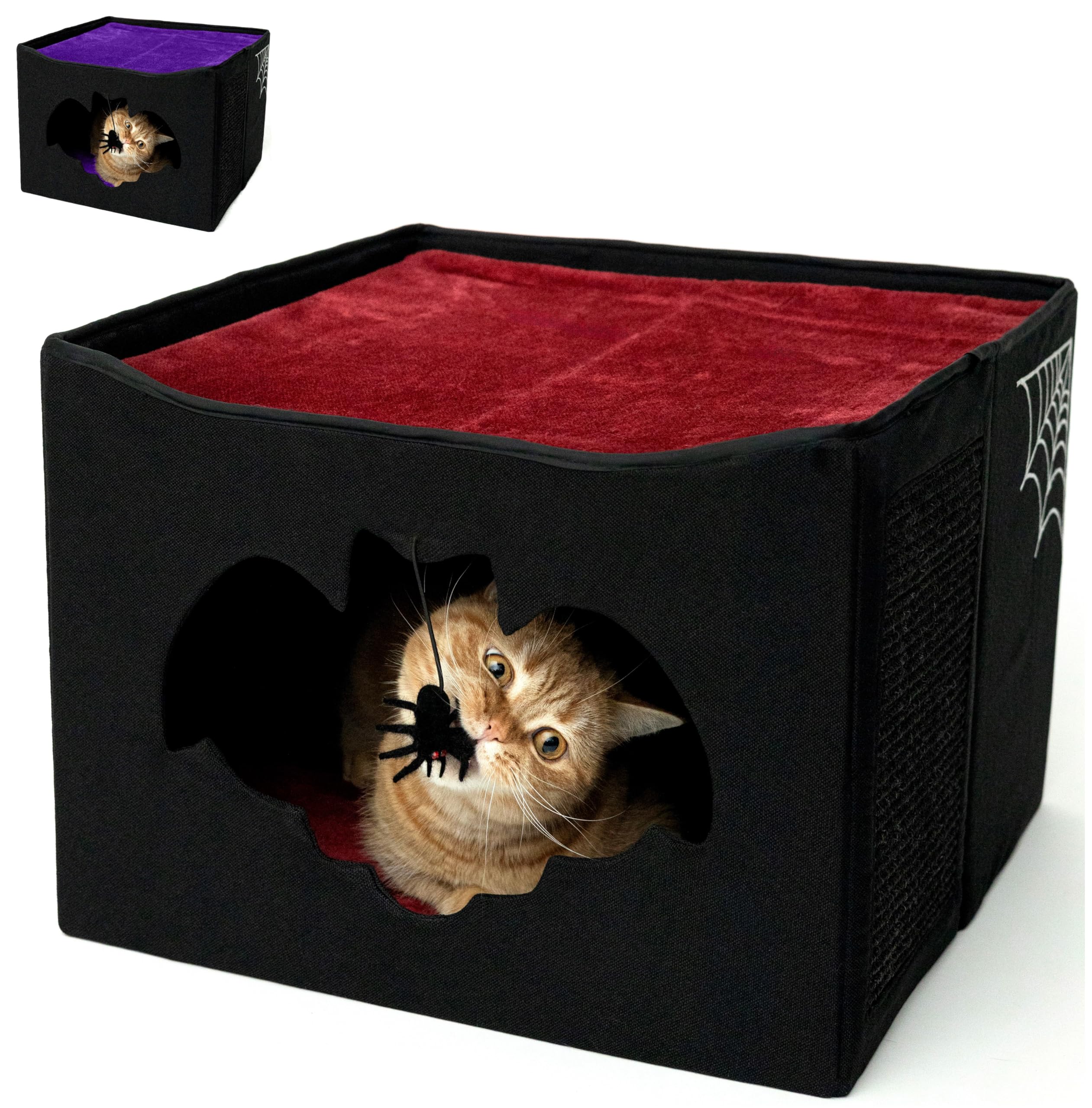 Gothic Cat Bed for Indoor Pets, Foldable Halloween House, 17x17x12.8, Bat Entry, Spider Toy, Scratch Pad, Soft Cushion, Gothic Style, Black & Red