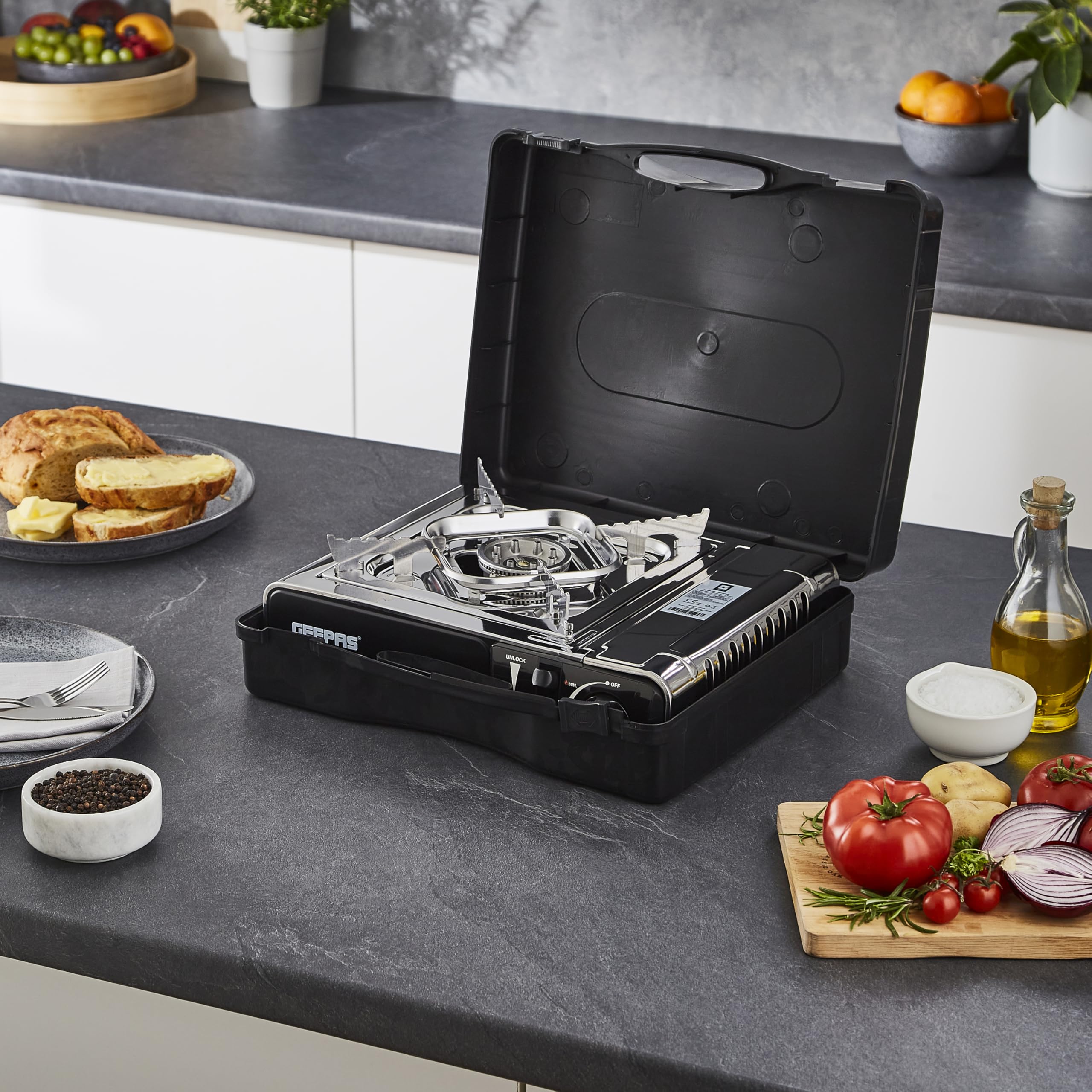 Geepas Gas Stove Single Burner – Portable Camping Stove BBQ Cooker with Carry Case, Outdoor Grill Plate – Automatic Ignition System, Enamel Pan Support, Butane Can or LPG Gas Source