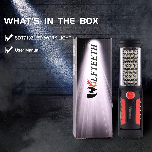 Wolfteeth LED Torches, 36+5 Magnetic Work Light Portable Flashlight Inspection Lamp Camping Light, 360 Degree Hanging Rotary Hook and 270 Degree Magnet Stand Base for Home Work Emergency Use 7192