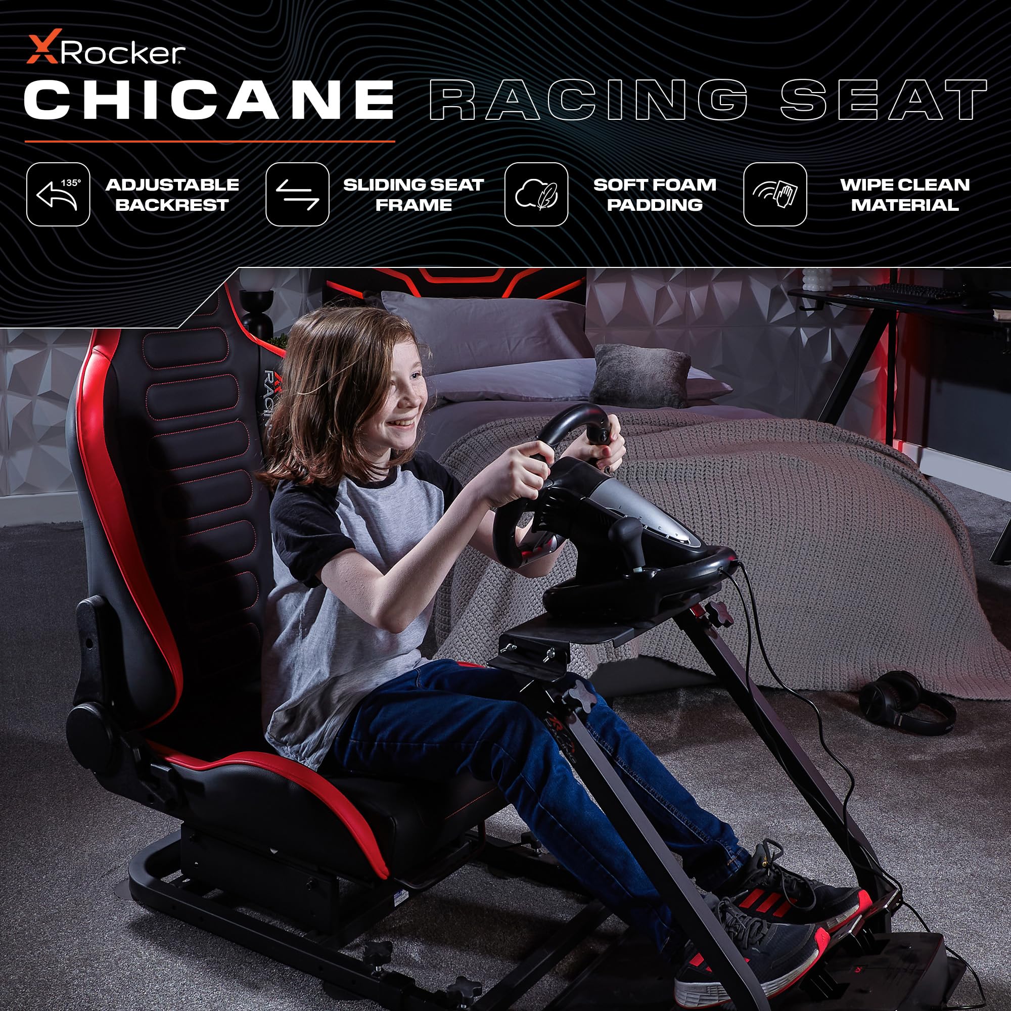 X-Rocker CHICANE Racing Sim Cockpit Racing Chair, Racing Rear Seat Frame for Steering Wheel Stands, Driving Simulation Chair with Adjustable Sliders and Adjustable Height for Racing Rig - BLACK