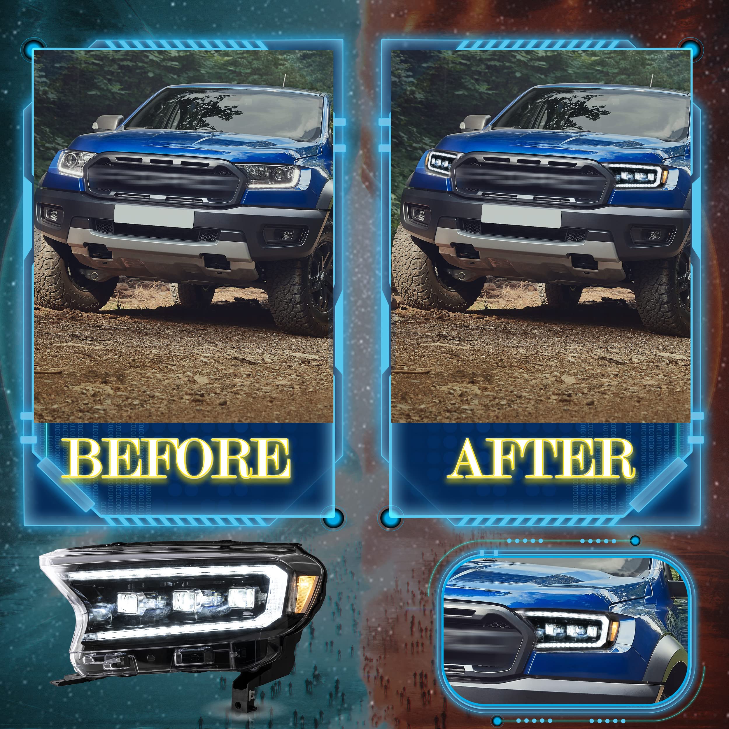 VLAND Headlight Suitable for Ranger T6 T7 T8 T8 XL XLT Wildtrak Raptor 2015-2020 with Sequential Daytime Running Light (LED Matrix, Yellow Reflector) LHD