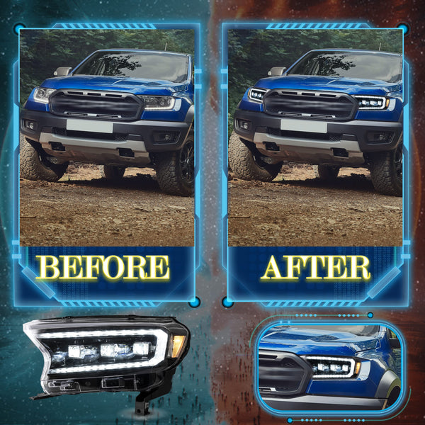 VLAND Headlight Suitable for Ranger T6 T7 T8 T8 XL XLT Wildtrak Raptor 2015-2020 with Sequential Daytime Running Light (LED Matrix, Yellow Reflector) LHD