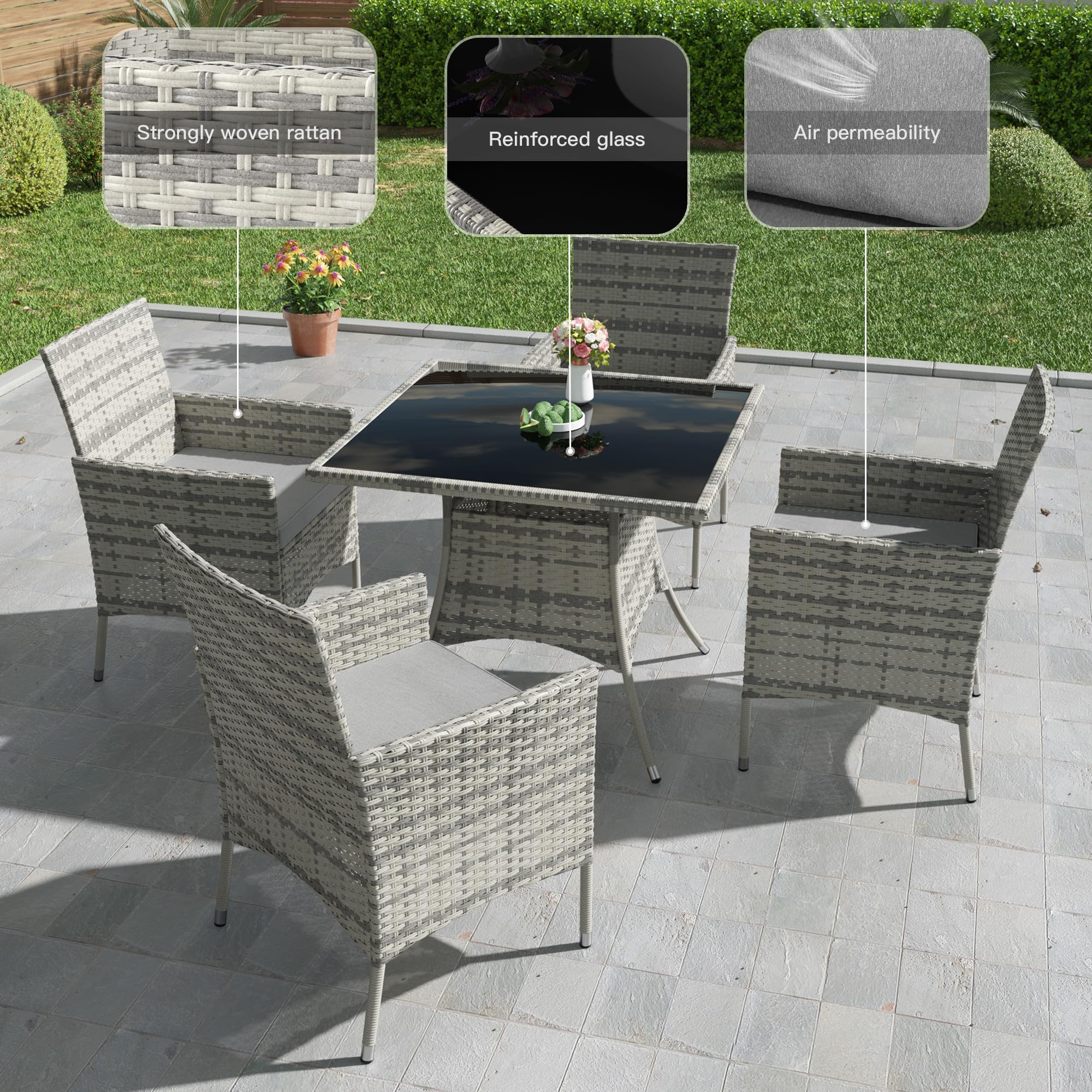 Trumbeak 4 Seater Rattan Dining Set with Cushions,Garden Furniture Set with Glass Top Table and 4 Armchairs,Outdoor Dining Table and Chairs Set for patio,Grey
