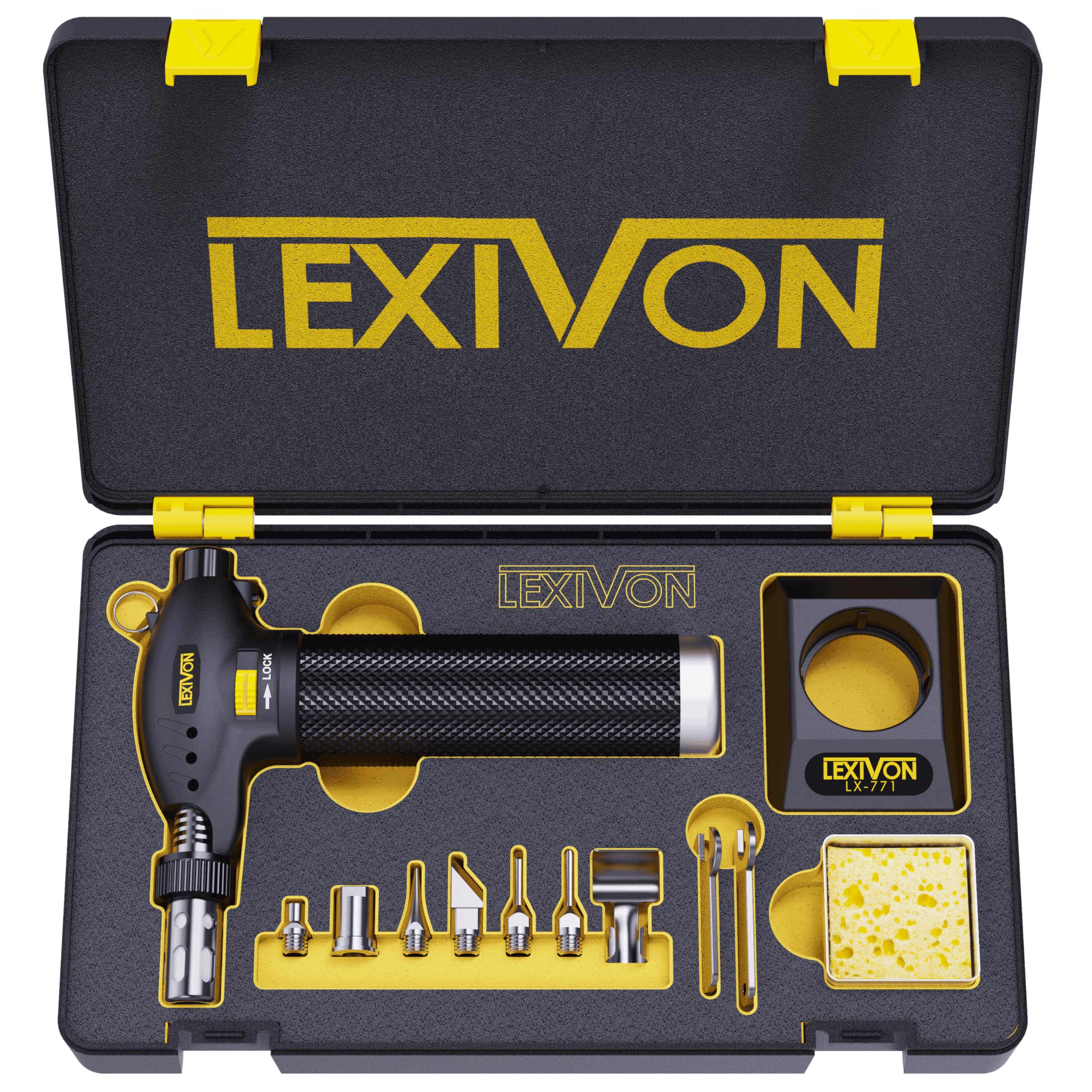 LEXIVON Butane Soldering Iron Multi-Purpose Kit | Cordless Self-Igniting Adjustable Flame 7-Tip Set | Pro-Grade (LX-770)