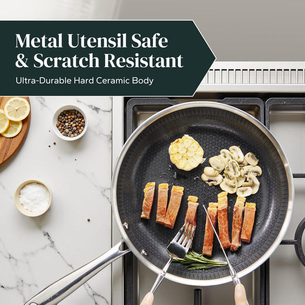 Redchef Non Stick Hybrid Egg/Omelette Pan,20cm Ceramic Frying Pan,Tri-Ply Stainless Steel Skillet,Non Toxic,PFAS PFOA/PTFE Free,Dishwasher/Oven Safe,Suitable for Induction Hobs,8"(Beige)