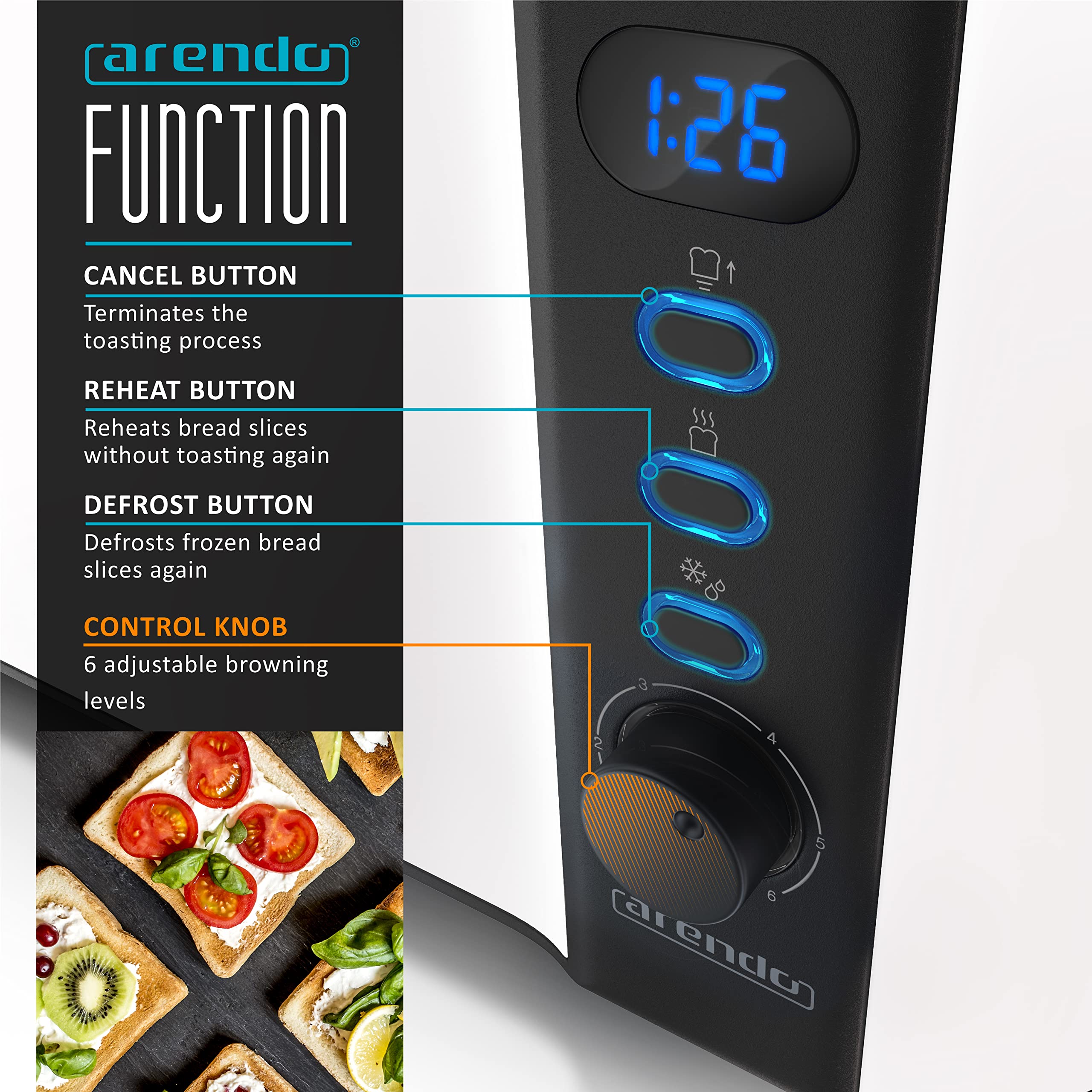 arendo - Frukost 4 slice long slot toaster - double wall housing  with warming rack  6 browning settings  auto bread centring  reheat defrost