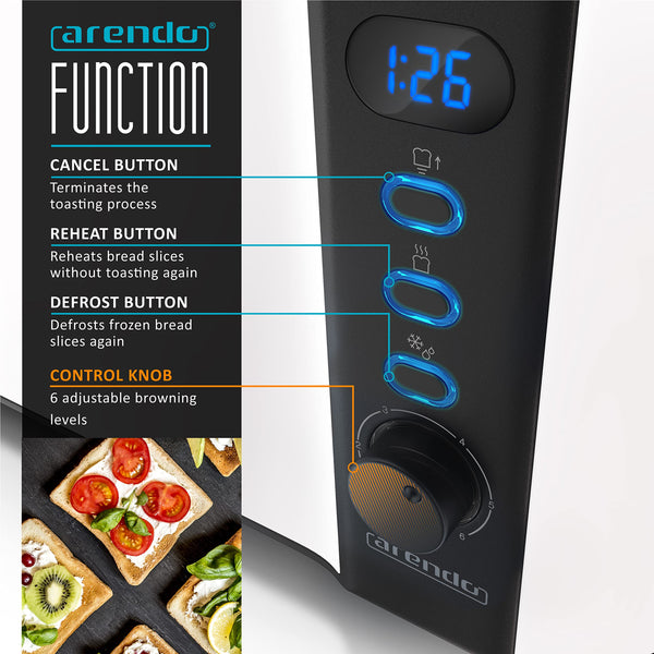 arendo - Frukost 4 slice long slot toaster - double wall housing  with warming rack  6 browning settings  auto bread centring  reheat defrost