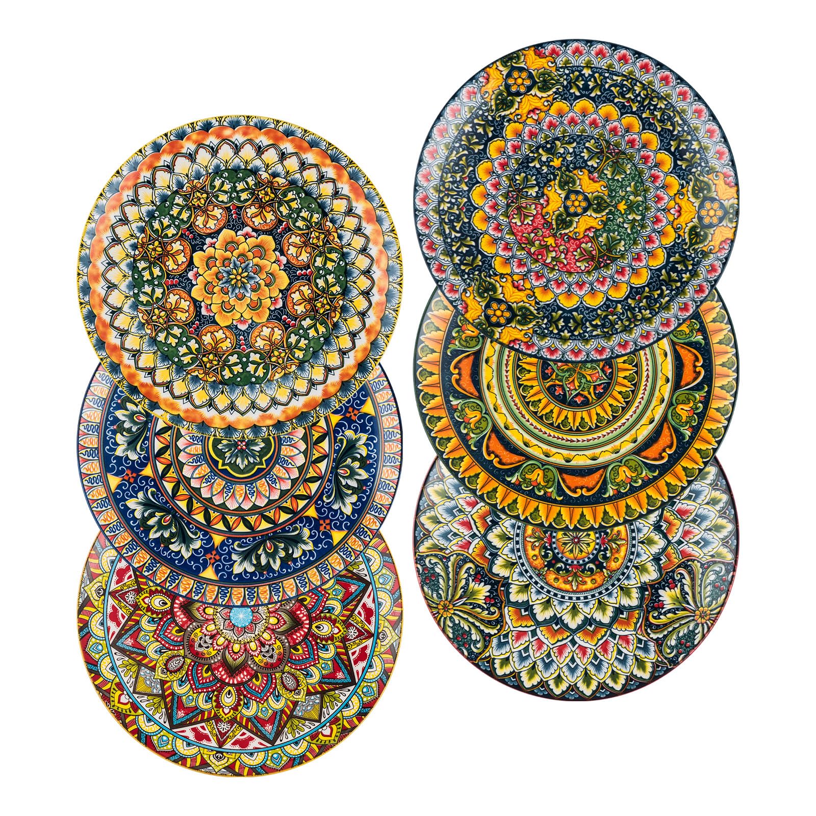 Henten Home Plates Set - 10 Inch, Porcelain Large Dinning Round Plates Set of 6, Round Plate for Breakfast/Dessert with Pattern - Bohemian Style