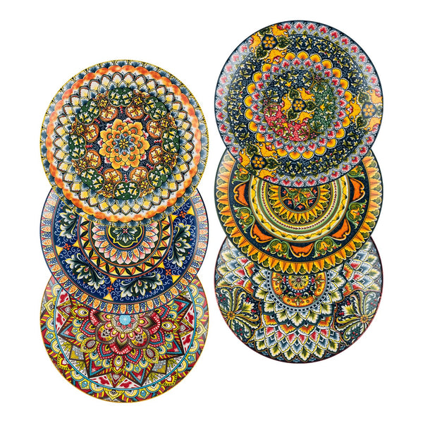 Henten Home Plates Set - 10 Inch, Porcelain Large Dinning Round Plates Set of 6, Round Plate for Breakfast/Dessert with Pattern - Bohemian Style