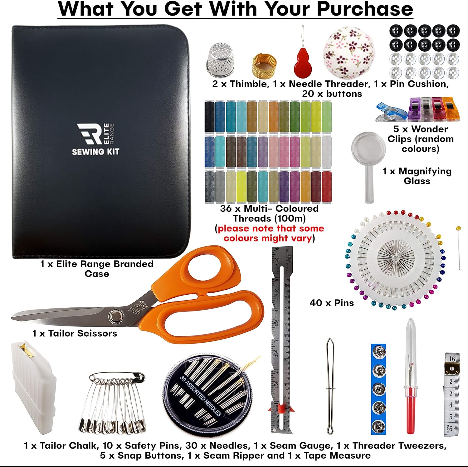 Elite Range Professional Sewing Kit - Portable Sewing Accessories Bag - Includes Full Size Tailor Scissors