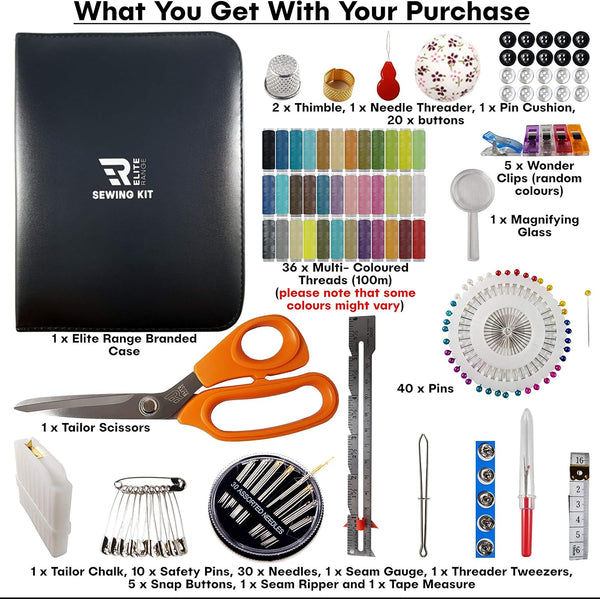 Elite Range Professional Sewing Kit - Portable Sewing Accessories Bag - Includes Full Size Tailor Scissors
