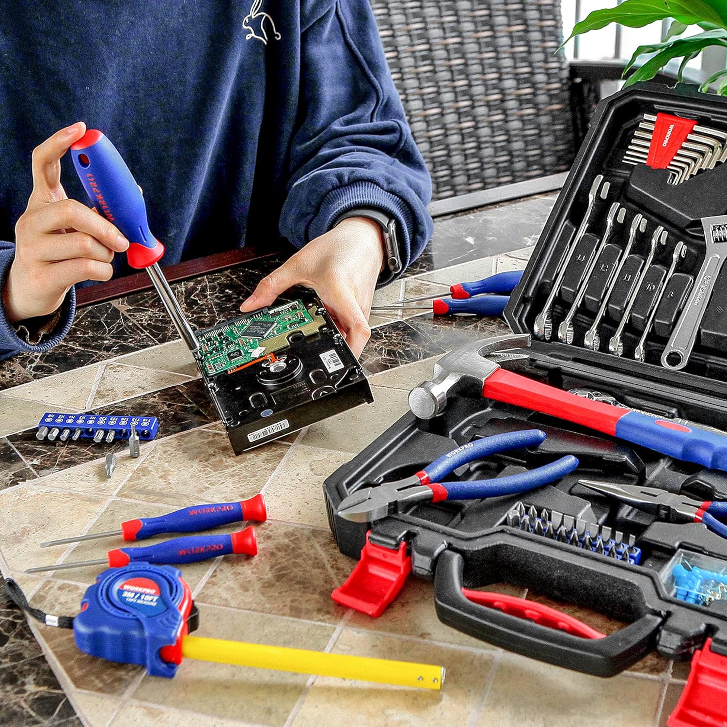 WORKPRO 160-Piece Home Repair Tool Kit with Durable Storage Case, Household DIY Tool Set Including Pliers, Sockets, Screwdrivers, Hex Keys, Wrenches, Ideal for DIY, Workshop, Garage
