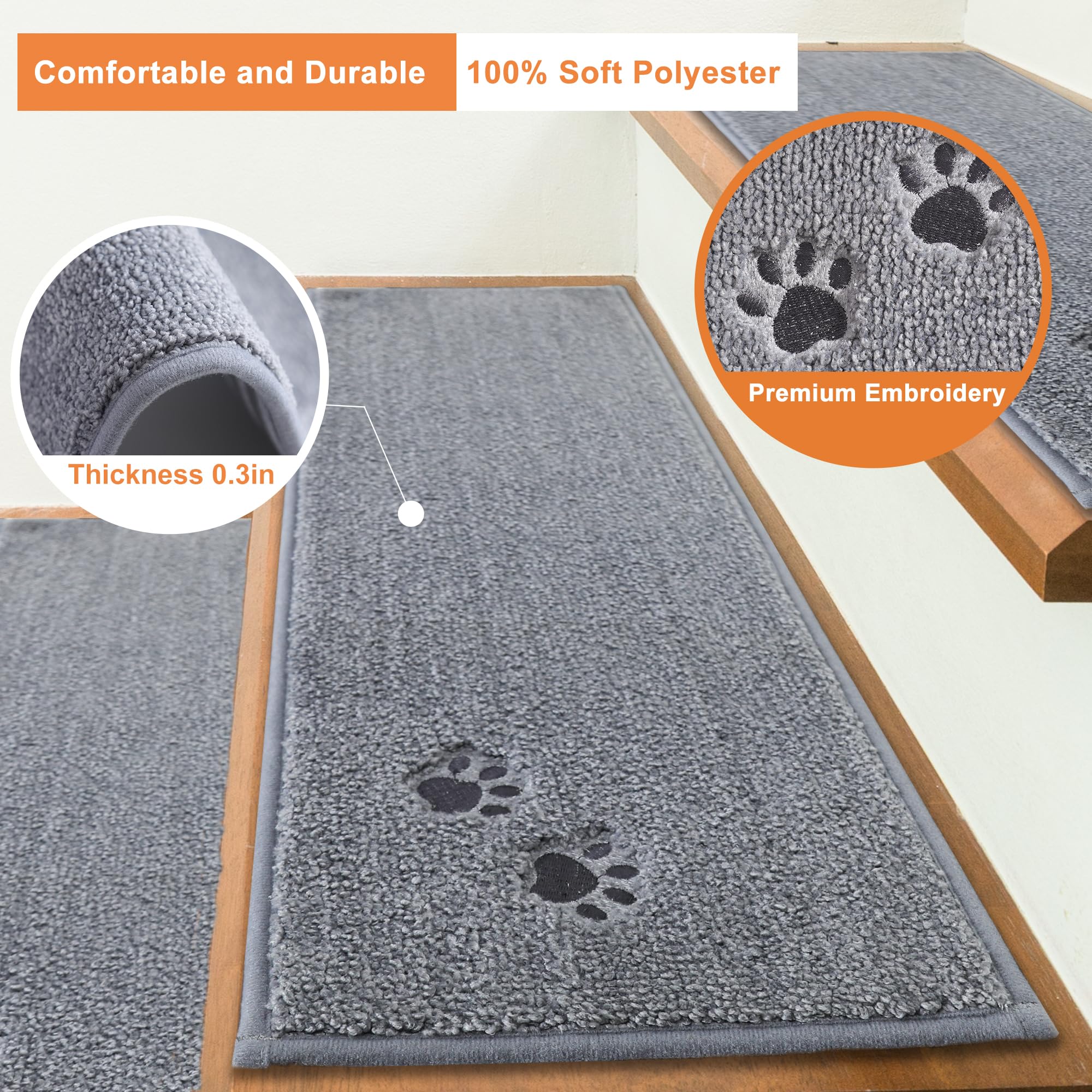 BEQHAUSE Stair Treads - Non-Slip, Machine Washable Carpet Stair Runner 22x70cm, Soft Indoor, 15pcs, Grey