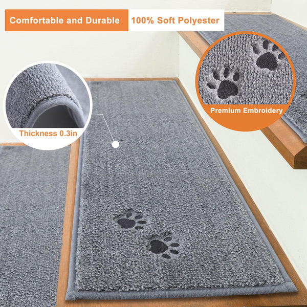 BEQHAUSE Stair Treads - Non-Slip, Machine Washable Carpet Stair Runner 22x70cm, Soft Indoor, 15pcs, Grey