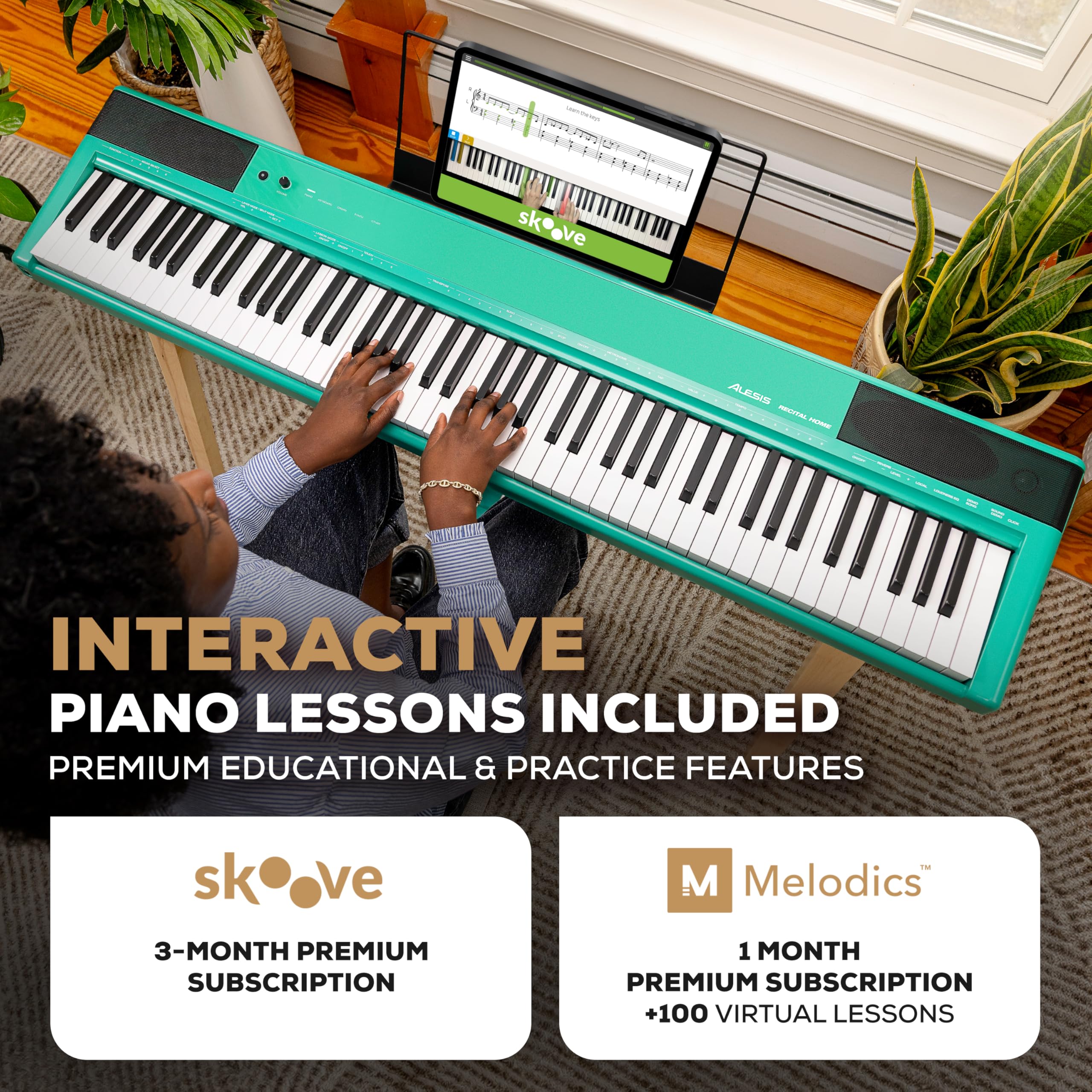 Alesis Recital Home Digital Piano with 88 Hammer Action Weighted Keys, Stand, Pedals and Lessons, Turquoise