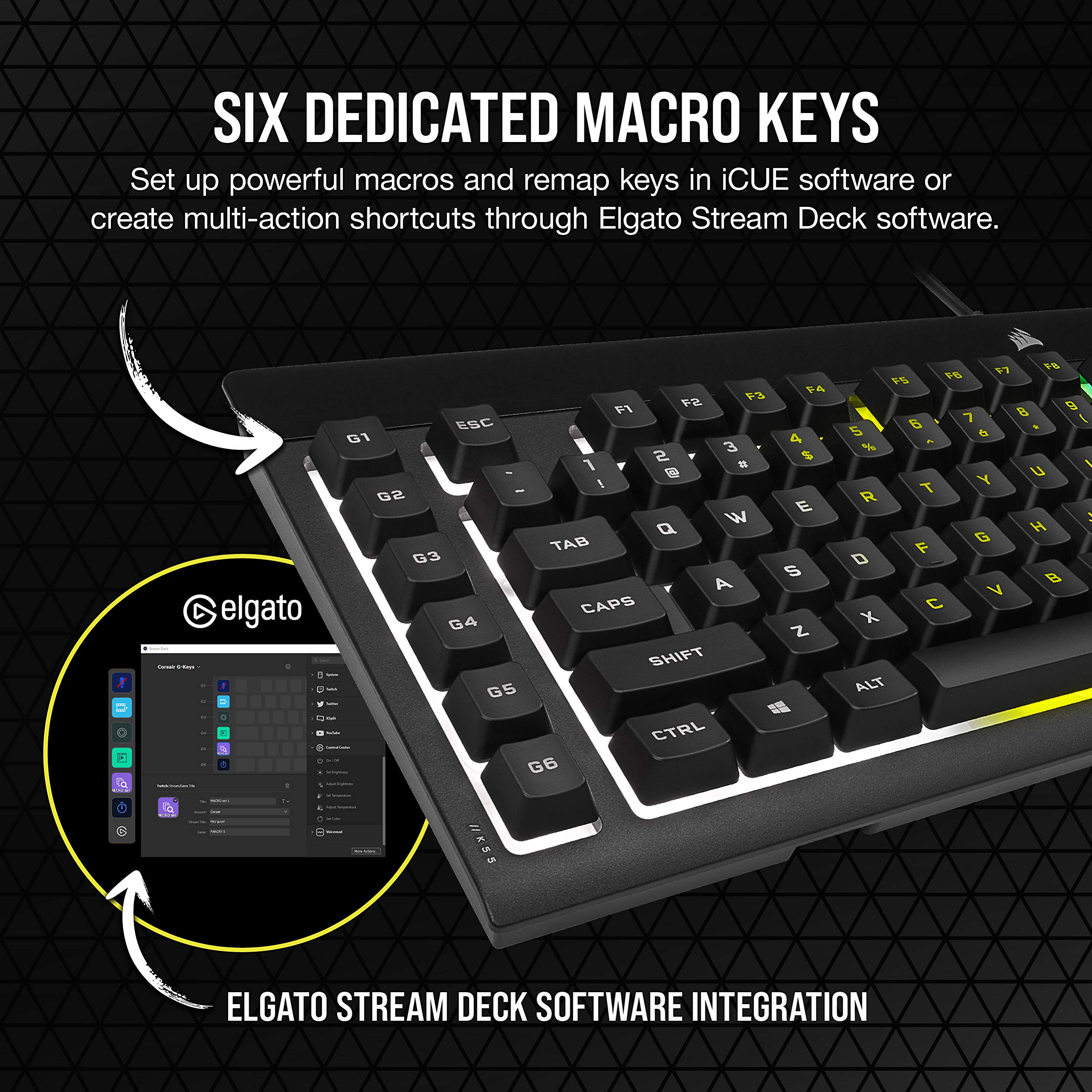 CORSAIR K55 RGB PRO Membrane Wired Gaming Keyboard – IP42 Dust and Spill-Resistant – 6 Macro Keys with Elgato Integration – iCUE Compatible – QWERTY UK – PC, Mac, Xbox – Black