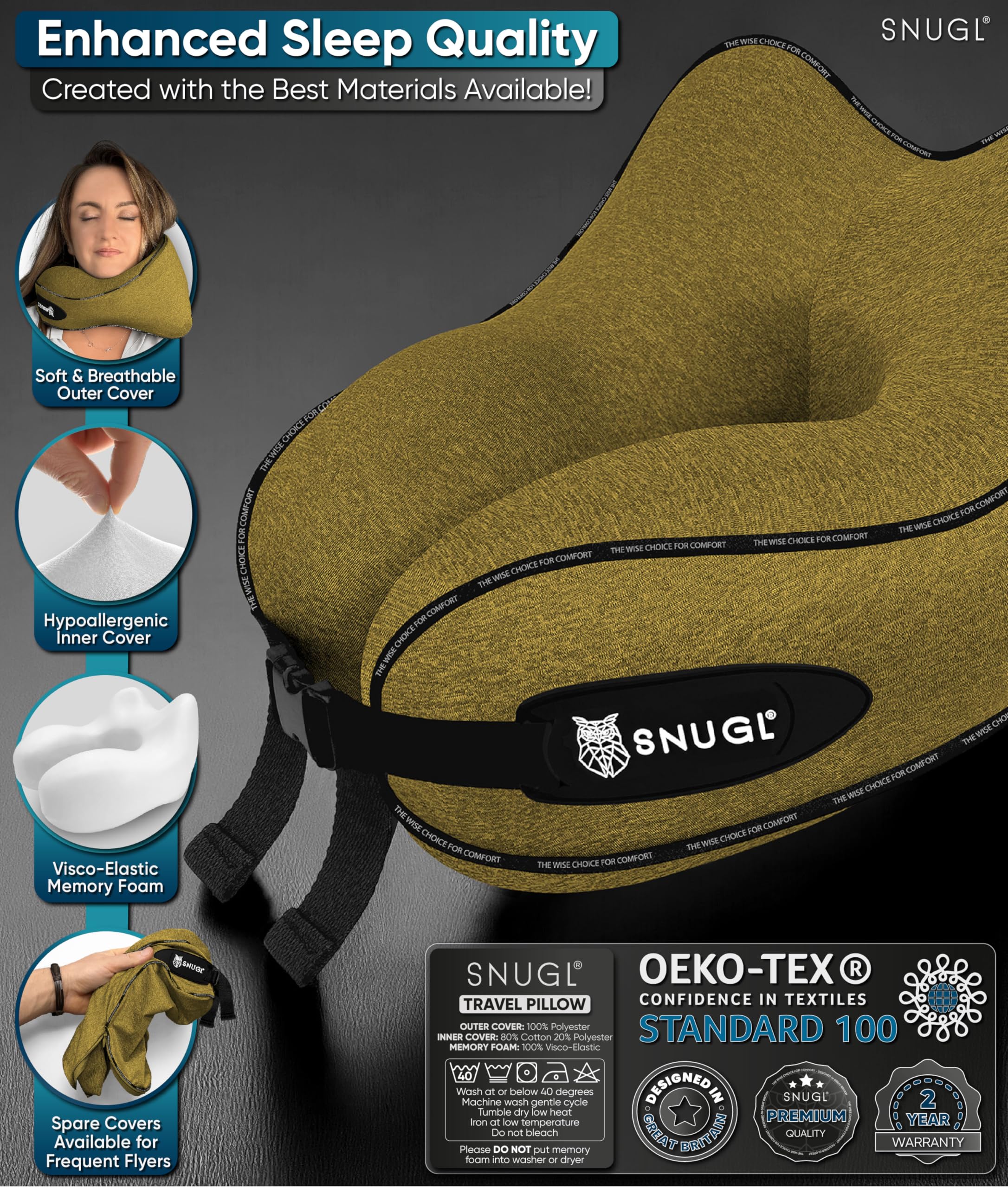 SNUGL Travel Pillow – Memory Foam Neck Pillow for Travel – Support Cushion for Airplane with Carry Bag & Clip - Holiday Essentials (Black - Adult Regular)