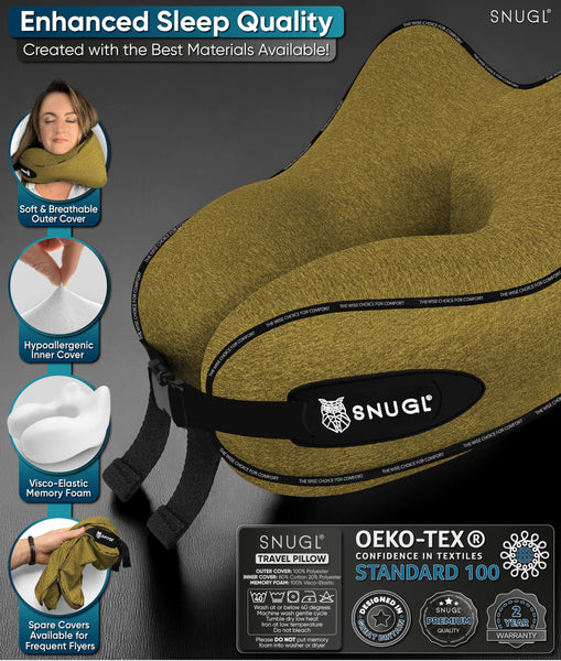 SNUGL Travel Pillow – Memory Foam Neck Pillow for Travel – Support Cushion for Airplane with Carry Bag & Clip - Holiday Essentials (Black - Adult Regular)