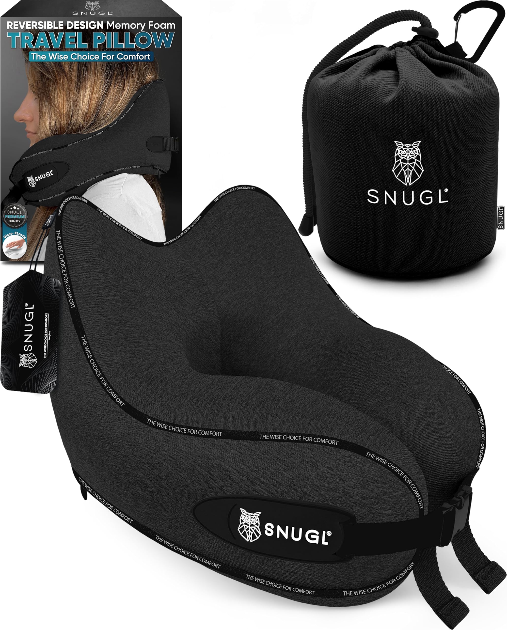 SNUGL Travel Pillow – Memory Foam Neck Pillow for Travel – Support Cushion for Airplane with Carry Bag & Clip - Holiday Essentials (Black - Adult Regular)