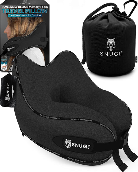SNUGL Travel Pillow – Memory Foam Neck Pillow for Travel – Support Cushion for Airplane with Carry Bag & Clip - Holiday Essentials (Black - Adult Regular)