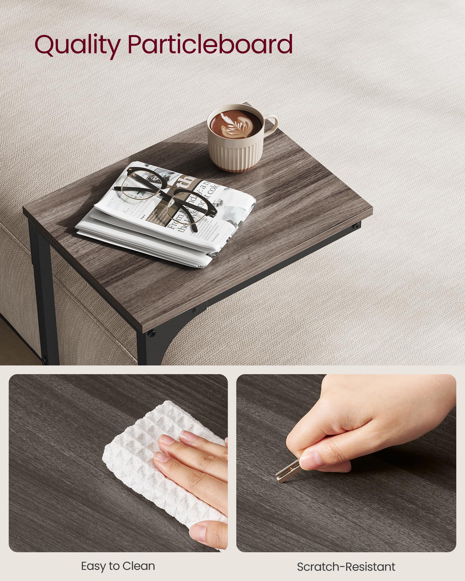 VASAGLE C-Shaped Side Table, Bedside Table, Sofa Side Table, Coffee Table, with Metal Frame, Industrial, for Living Room, Bedroom, Rustic Brown and Black LET350B01