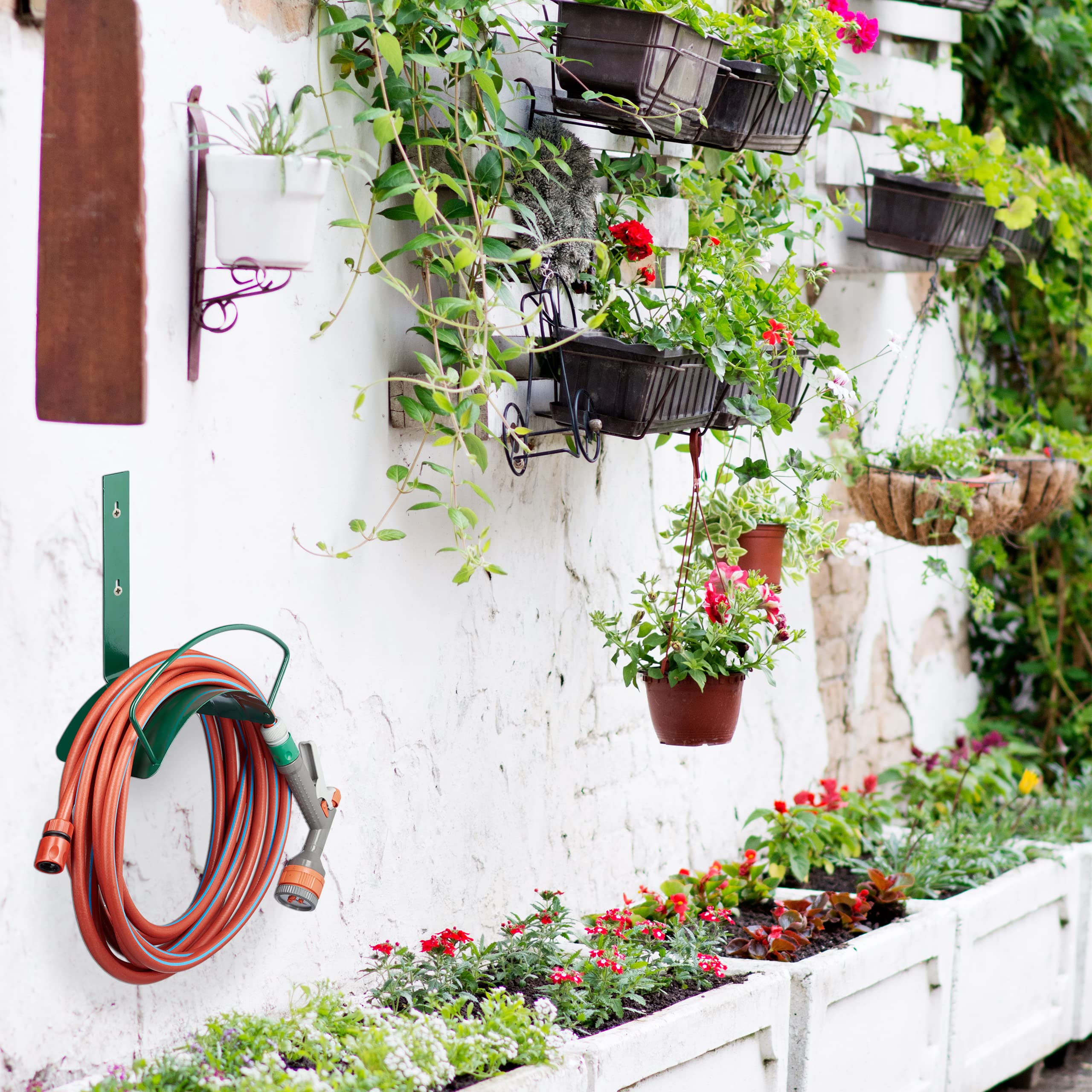 Relaxdays Wall Hose Holder, Metal, Wall Holder for 5/8 Inch (15 mm) Hoses, for 60 m Garden Hoses, Hose Hook, Green