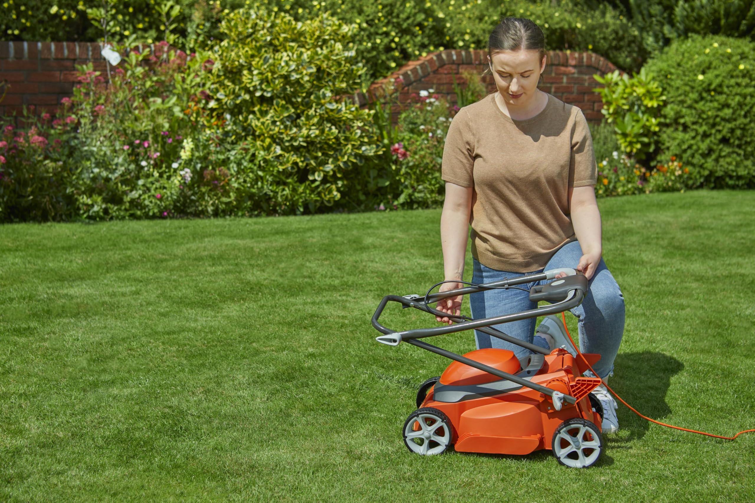 Flymo EasiStore 380R Electric Rotary Lawn Mower - 38 cm Cutting Width, 45 Litre Grass Box, Close Edge Cutting, Rear Roller, Central Height Adjust, Space Saving Storage Features