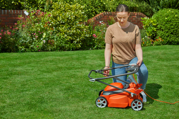 Flymo EasiStore 380R Electric Rotary Lawn Mower - 38 cm Cutting Width, 45 Litre Grass Box, Close Edge Cutting, Rear Roller, Central Height Adjust, Space Saving Storage Features