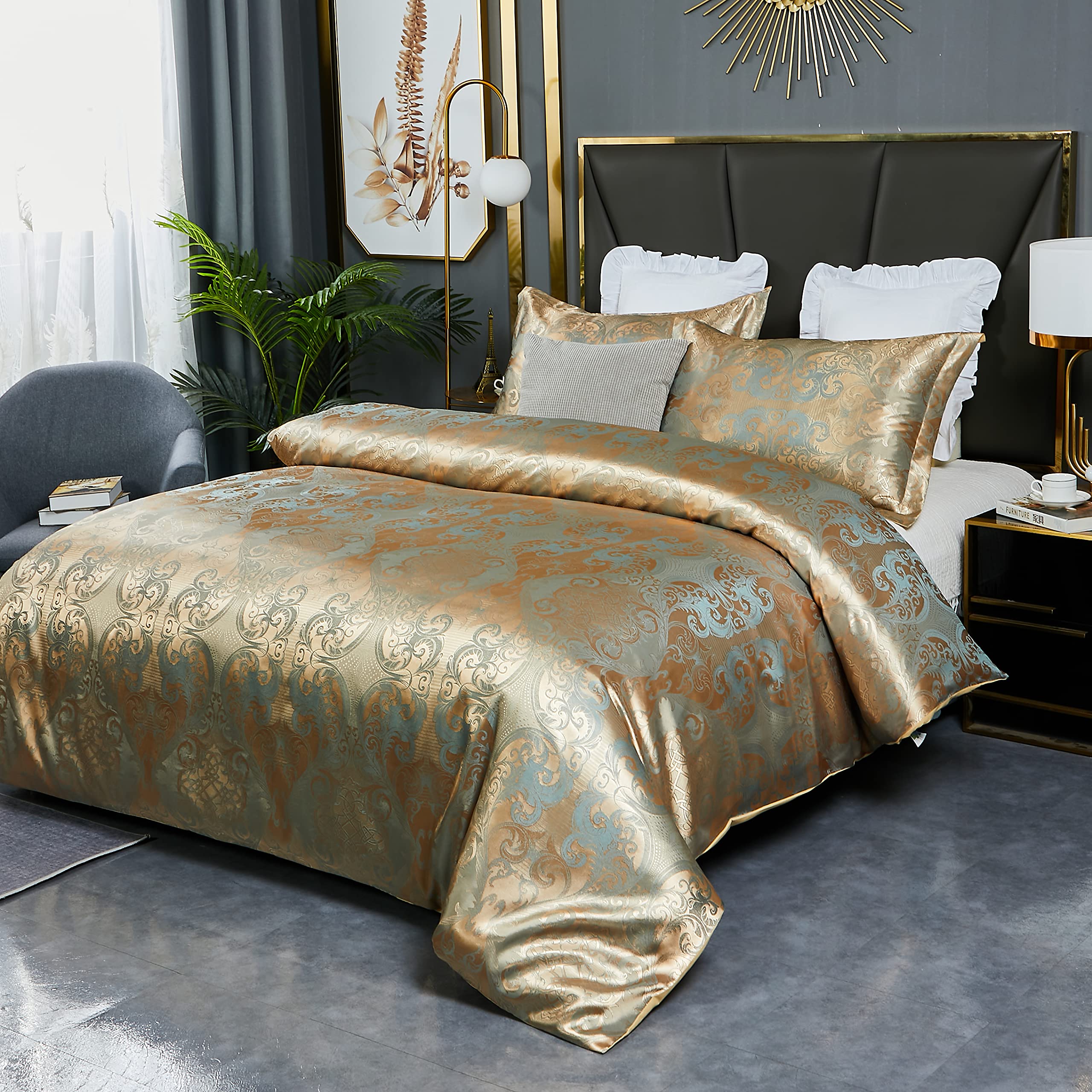 HMtideby Jacquard Duvet Cover Set Double Microfiber Bedding Sets 3 pcs Gold Duvet Quilt Cover with 2 Matching Pillow Cases 200x200cm