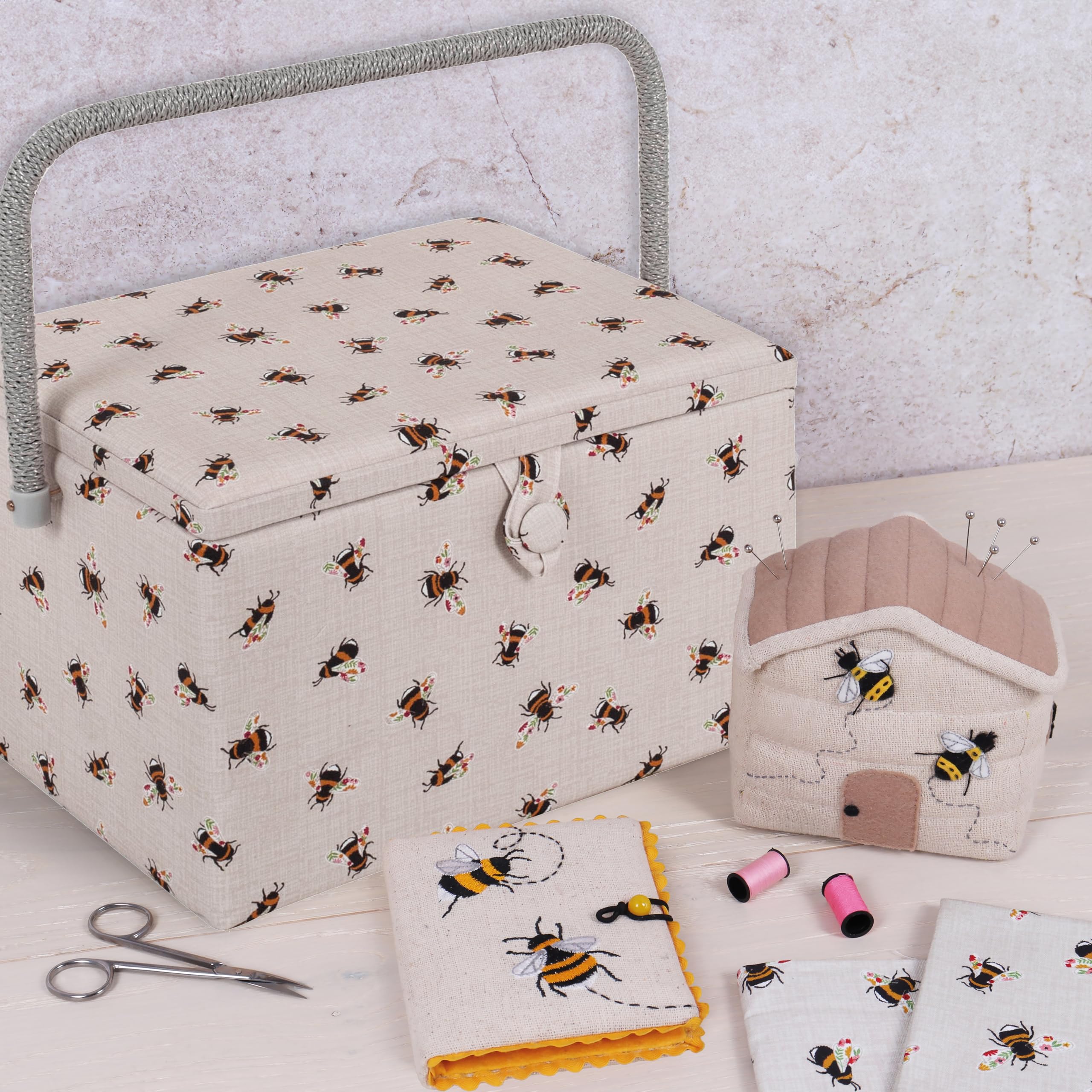 Hobby Gift Exclusive Large Sewing Craft Hobby Storage Box, Accessories Tray Pin Cushion Pocket PVC Handle 23.5 x 31 x 20cm, Bees