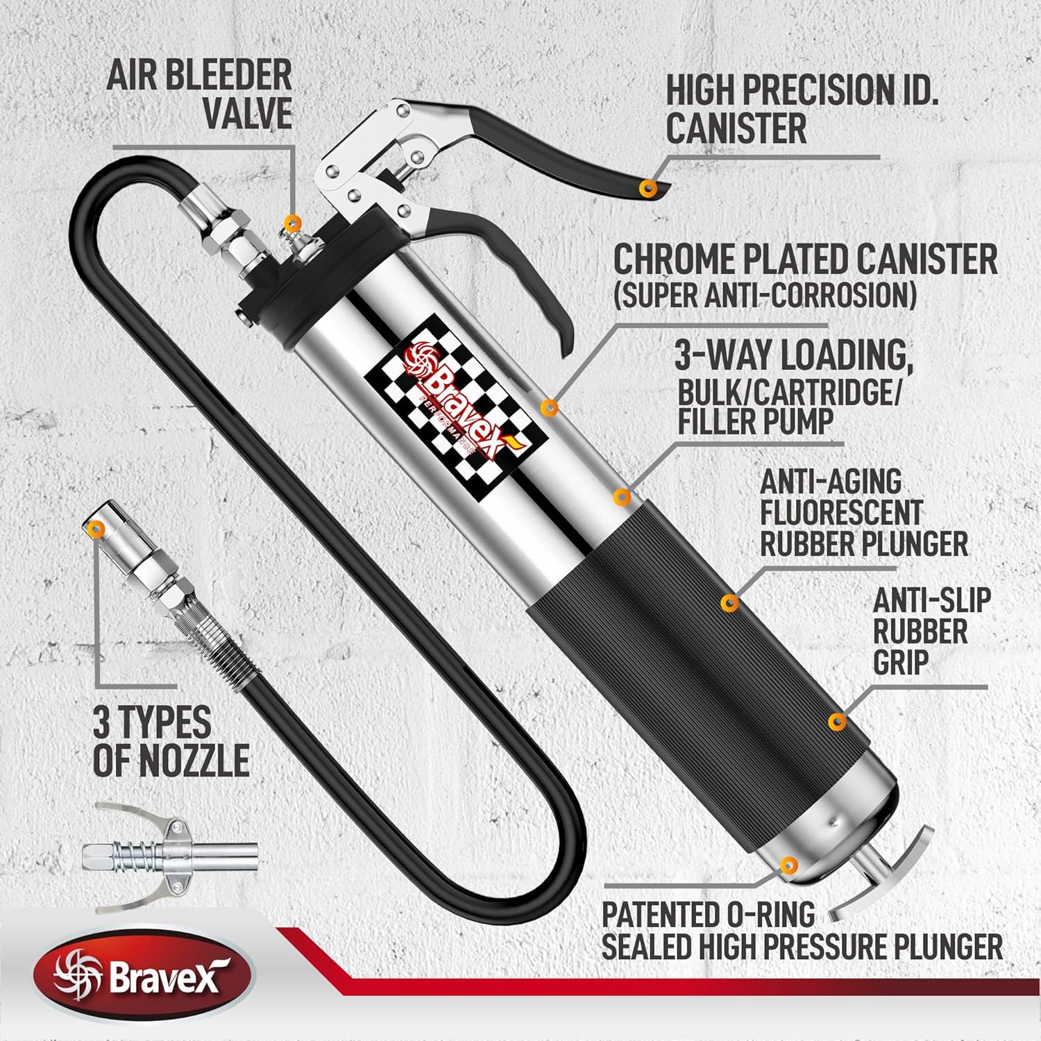 Bravex Grease Gun W/Quick Release Coupler, Pistol Grip Grease Gun Heavy Duty Professional - 18 inch Flex Hose Silver