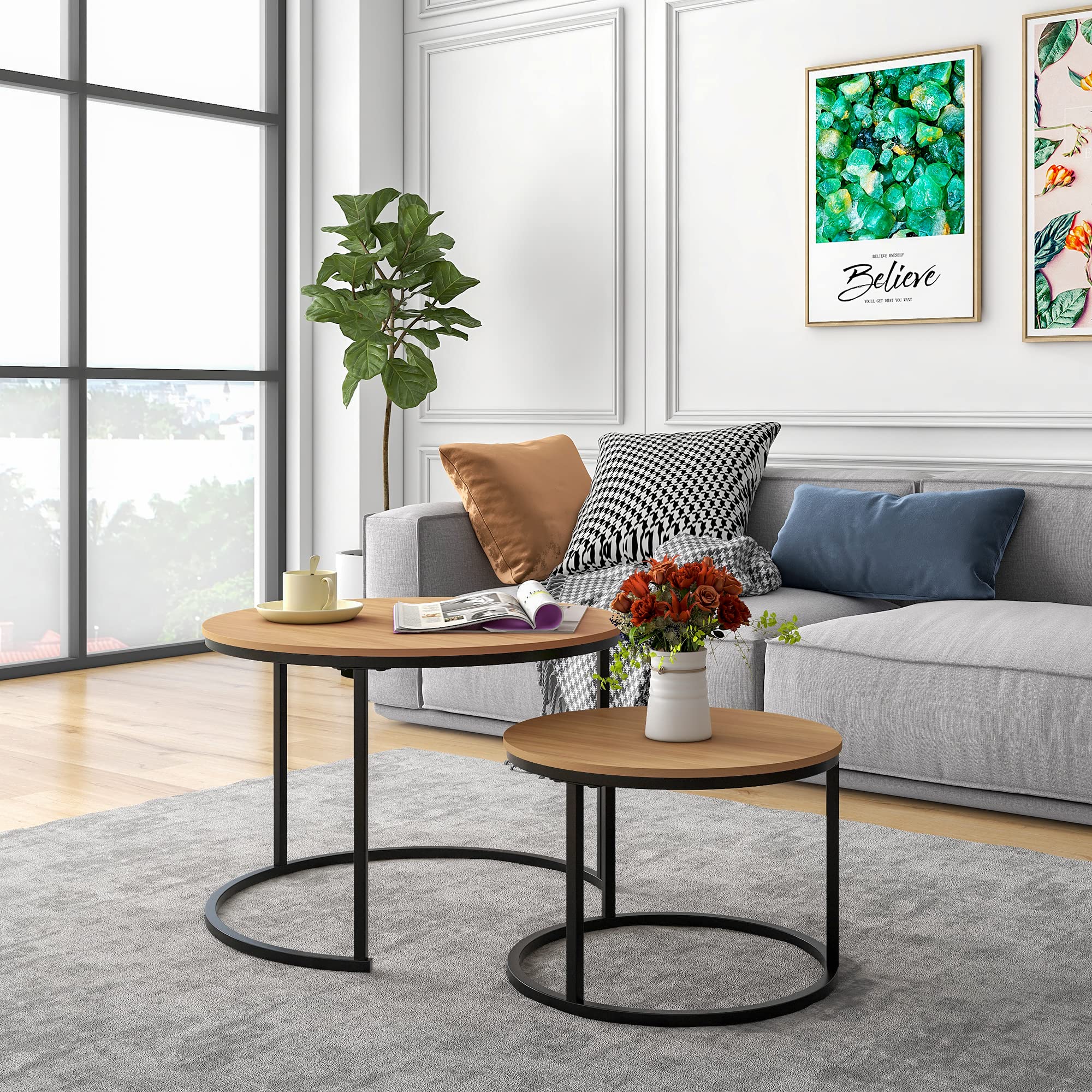 HOJINLINERO Black Round Coffee Table Set of 2 Side Table for Living Room,69.5x49cm Industrial Stacking End Tables,Wood Look Accent Furniture with