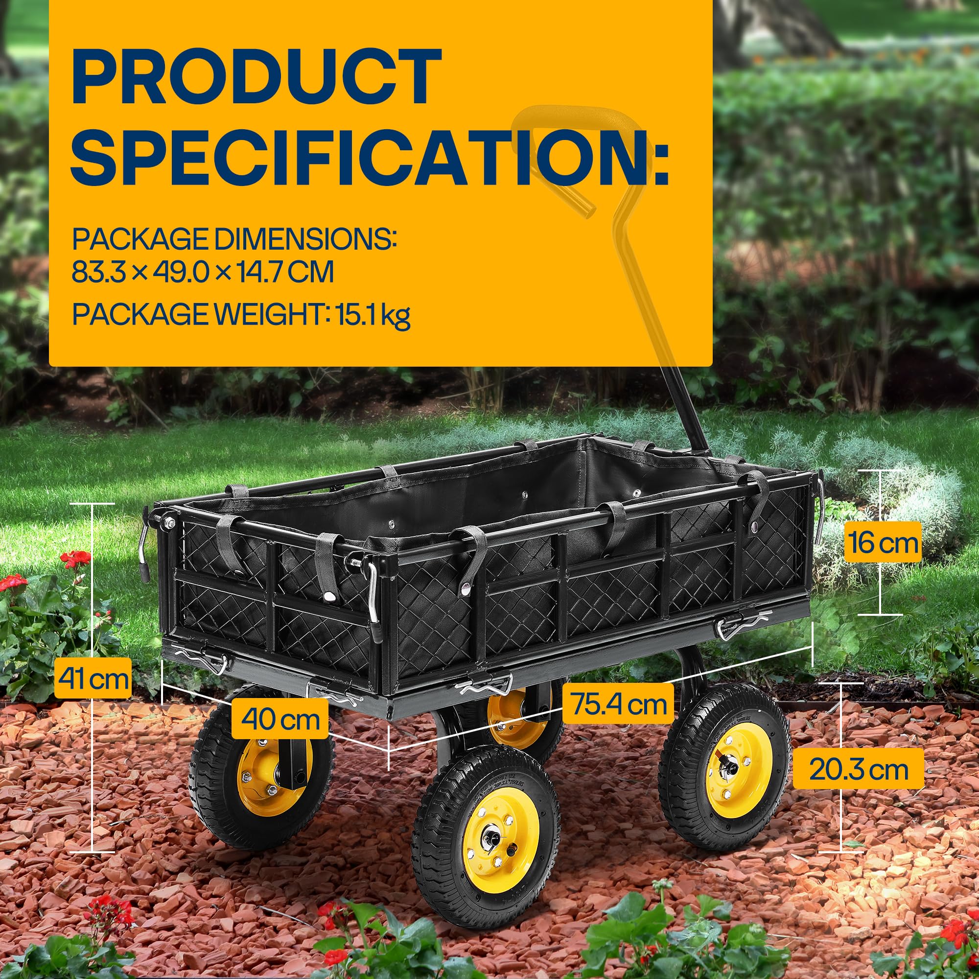 VIVOHOME Hand Trolley 400kg Capacity Durable Transport Cart with 10cm Pneumatic Tires and 180° Rotatable 80cm Handle Heavy Duty Metal Grids for Garden and Camping