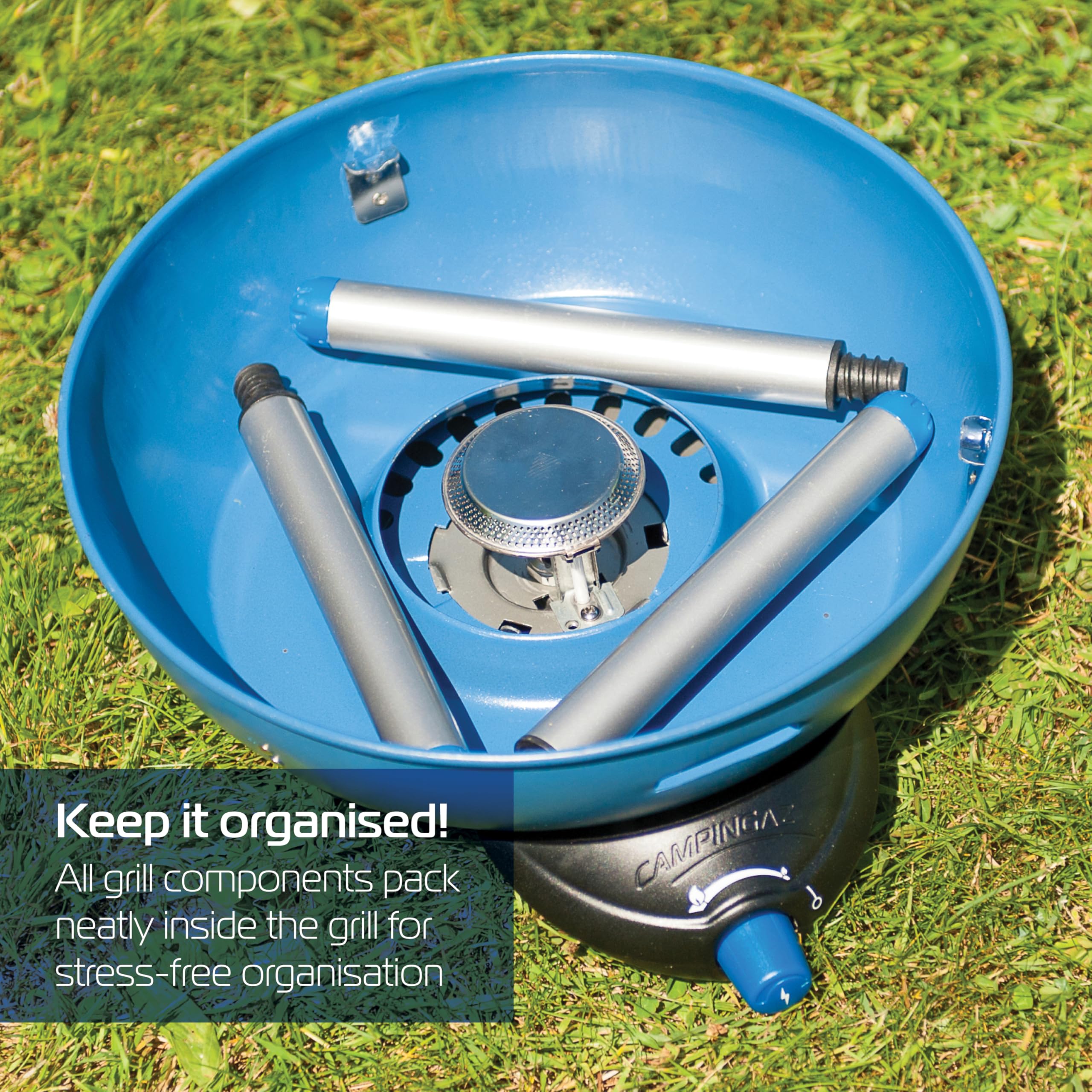 Campingaz Party Grill 400 CV, Camping Stove and Grill, All-in-One Portable Camping BBQ, with Griddle, Grid and Pan Support, Lid Doubles as Wok, Blue