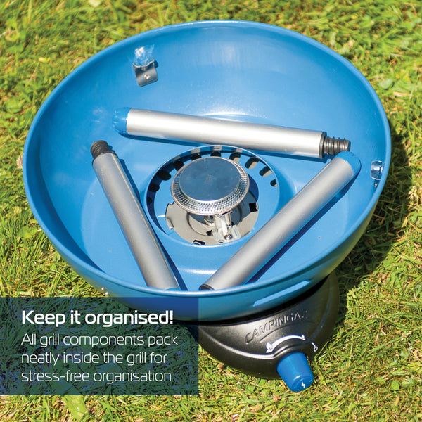 Campingaz Party Grill 400 CV, Camping Stove and Grill, All-in-One Portable Camping BBQ, with Griddle, Grid and Pan Support, Lid Doubles as Wok, Blue