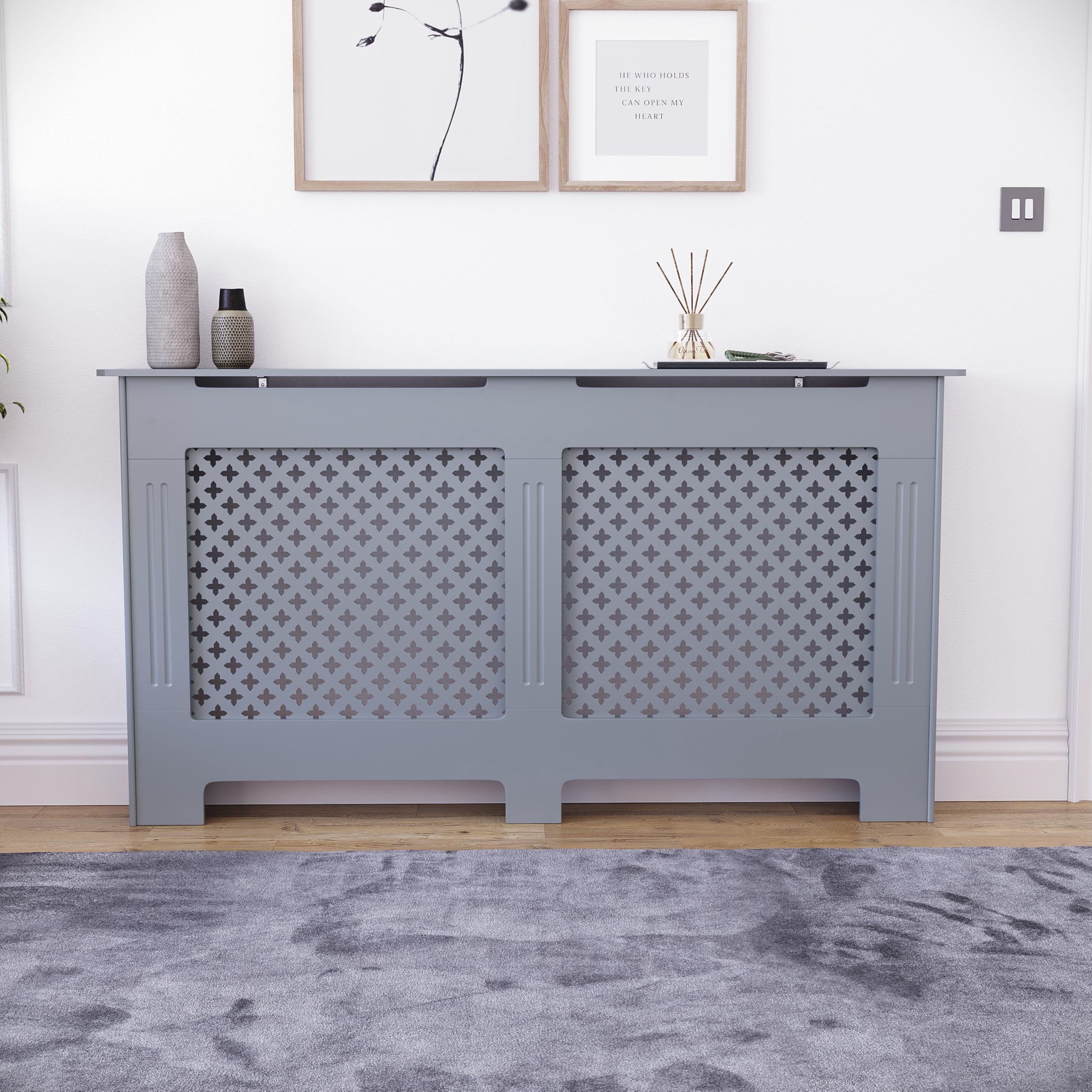 Vida Designs Oxford Radiator Cover – Traditional Cross Pattern, Olive Grey, MDF, Modern Painted Finish, Heat Efficient, Small, (H 82 x W 78 x D 19 cm)