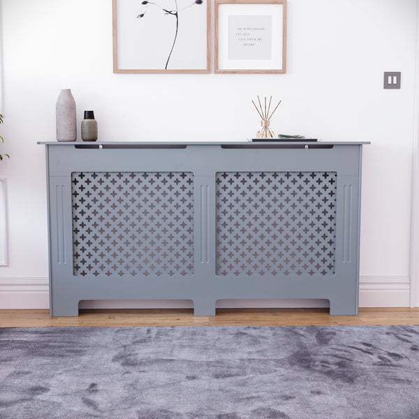 Vida Designs Oxford Radiator Cover – Traditional Cross Pattern, Olive Grey, MDF, Modern Painted Finish, Heat Efficient, Small, (H 82 x W 78 x D 19 cm)