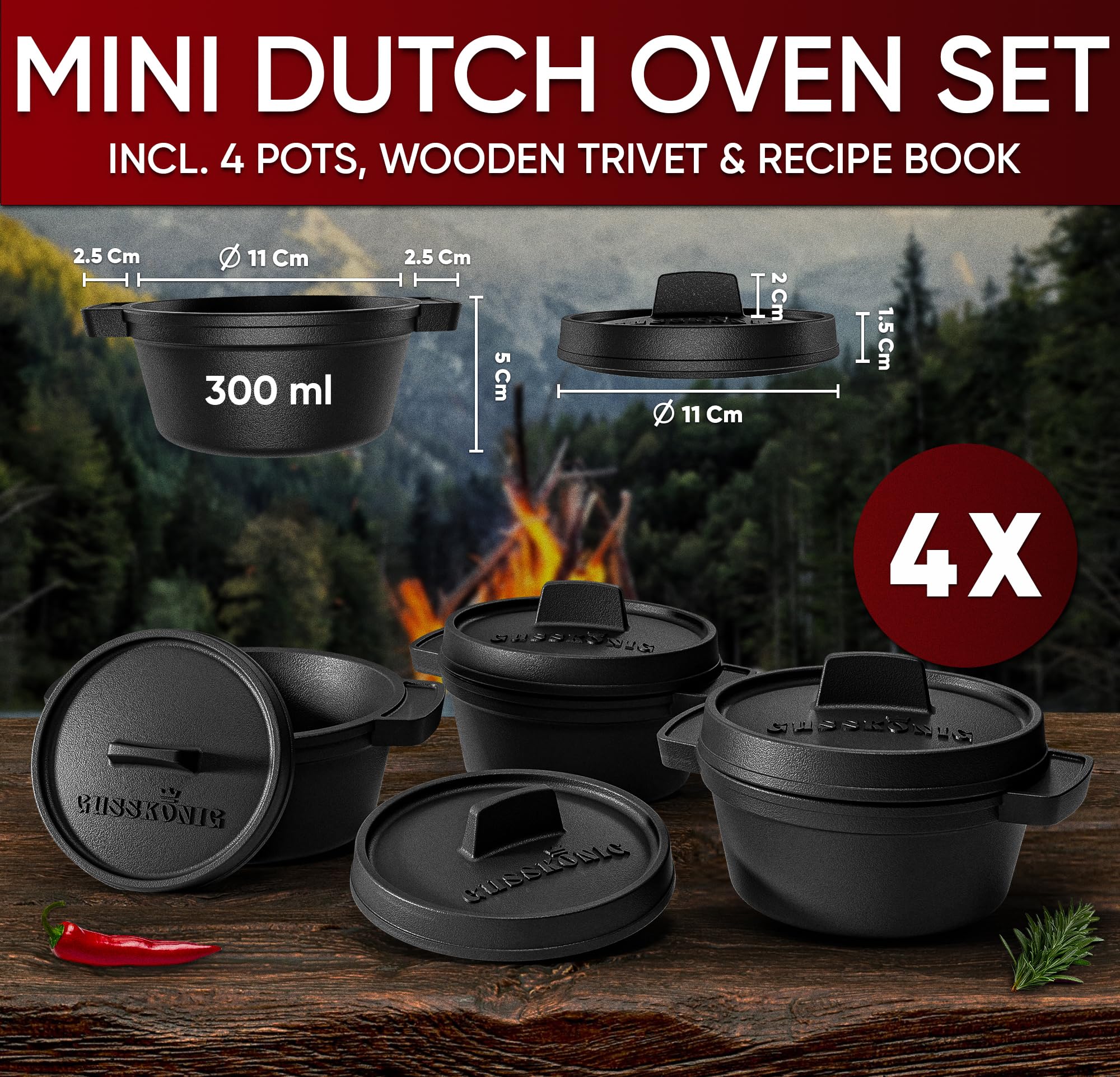 GUSSK?NIG Dutch Oven Set Mini - 4x 300ml Cast Iron Mini Pots with Lids - Pre-Seasoned Mini Dutch Ovens - Cast Iron Mini Cocotte Serving Pans