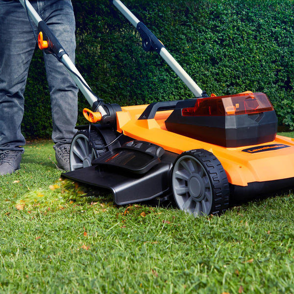 LawnMaster 48V 46cm Cordless Lawnmower with a Set of 2 MX 24V 4.0Ah Batteries, 2x Fast Chargers, Rear Roller, Grass Side Eject and Mulching Function. Battery Lawnmower for Larger Lawns.