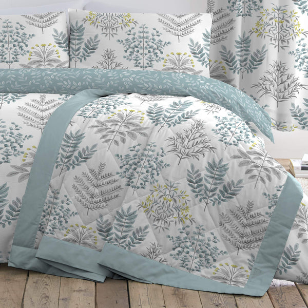 Dreams & Drapes - Duck Egg Floral Fern Bedspread (230cm X 195cm) - Reversible Design - Botanical Leaf Quilted Bedspreads in Duck Egg - Floral