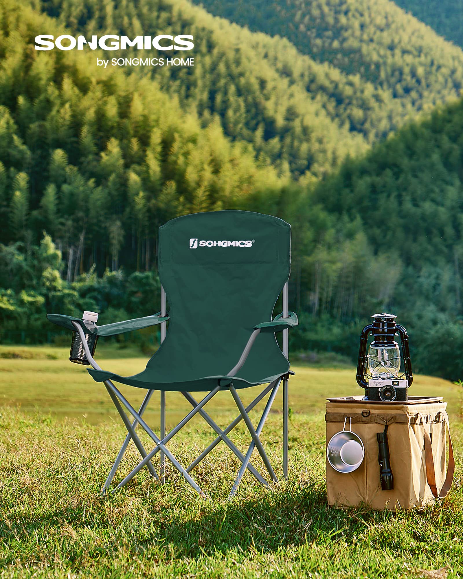 SONGMICS Set of 2 Folding Chairs, Camping Chairs, Comfortable Heavy Duty Structure, Max. Load 150 kg, with Drink Holder, Outdoor Chair