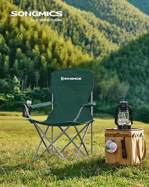 SONGMICS Set of 2 Folding Chairs, Camping Chairs, Comfortable Heavy Duty Structure, Max. Load 150 kg, with Drink Holder, Outdoor Chair