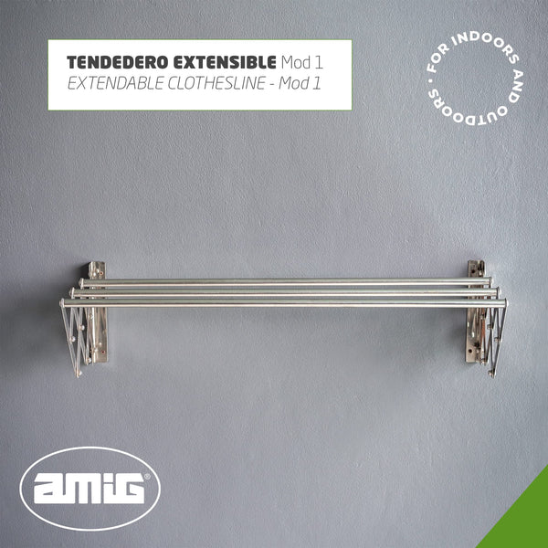 Amig - Wall Mounted Clothes Airer | Aluminium Drying Length | Extendable Clothes Line with 5 Bars | Dimensions: 120 x 14 x 3 cm | Foldable Clothes