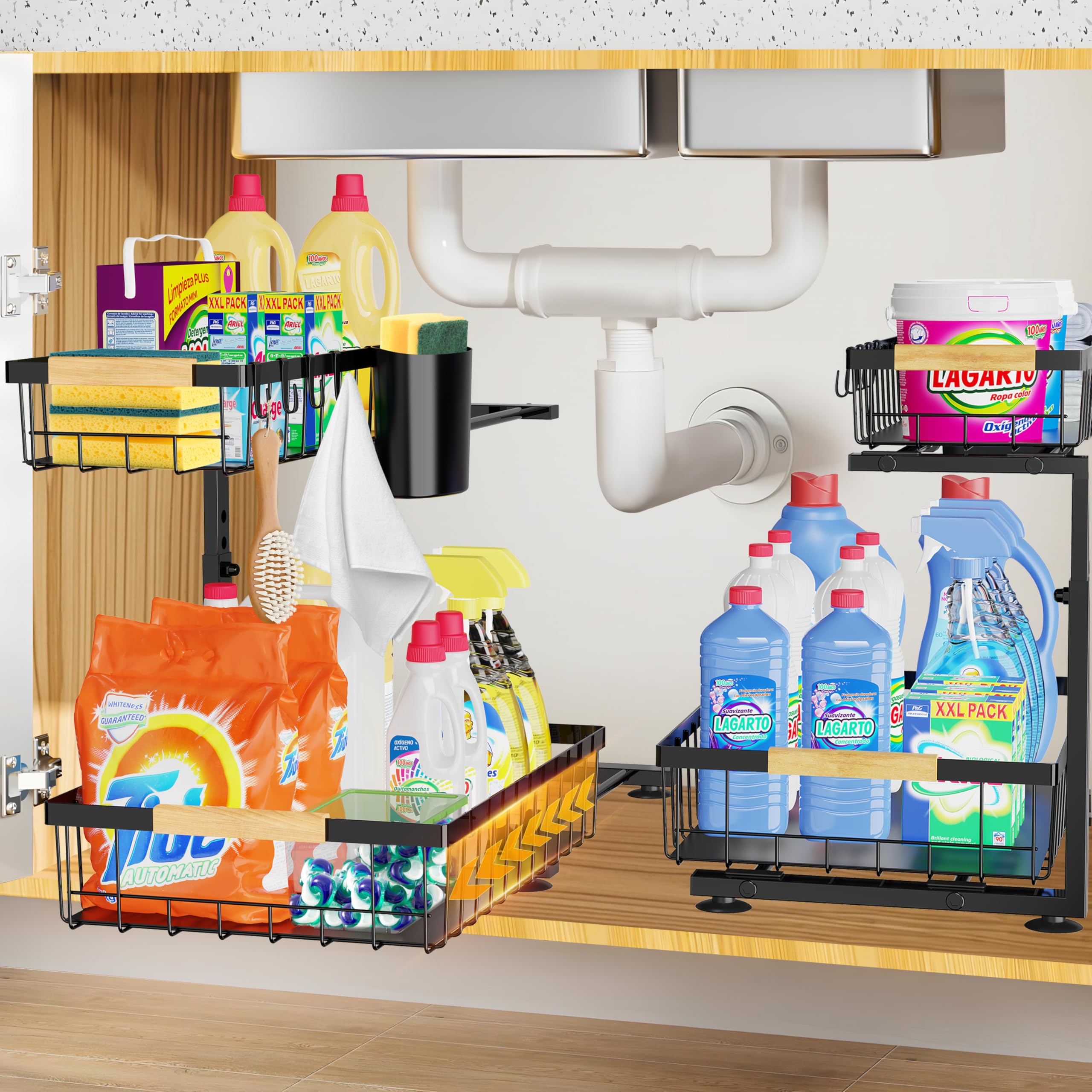 homicozy 2 Pack Under Sink Storage, 2 Tier Metal Under Sink Cabinet Organiser with 8 Hooks & 2 Cups, Height Adjustable Kitchen Storage &