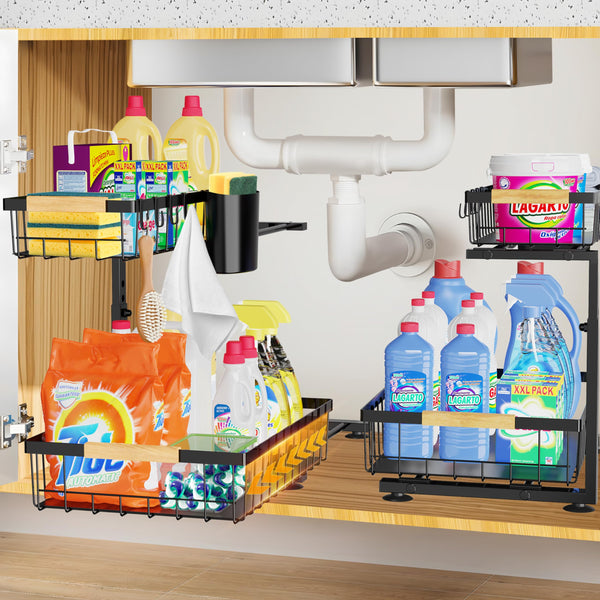 homicozy 2 Pack Under Sink Storage, 2 Tier Metal Under Sink Cabinet Organiser with 8 Hooks & 2 Cups, Height Adjustable Kitchen Storage &