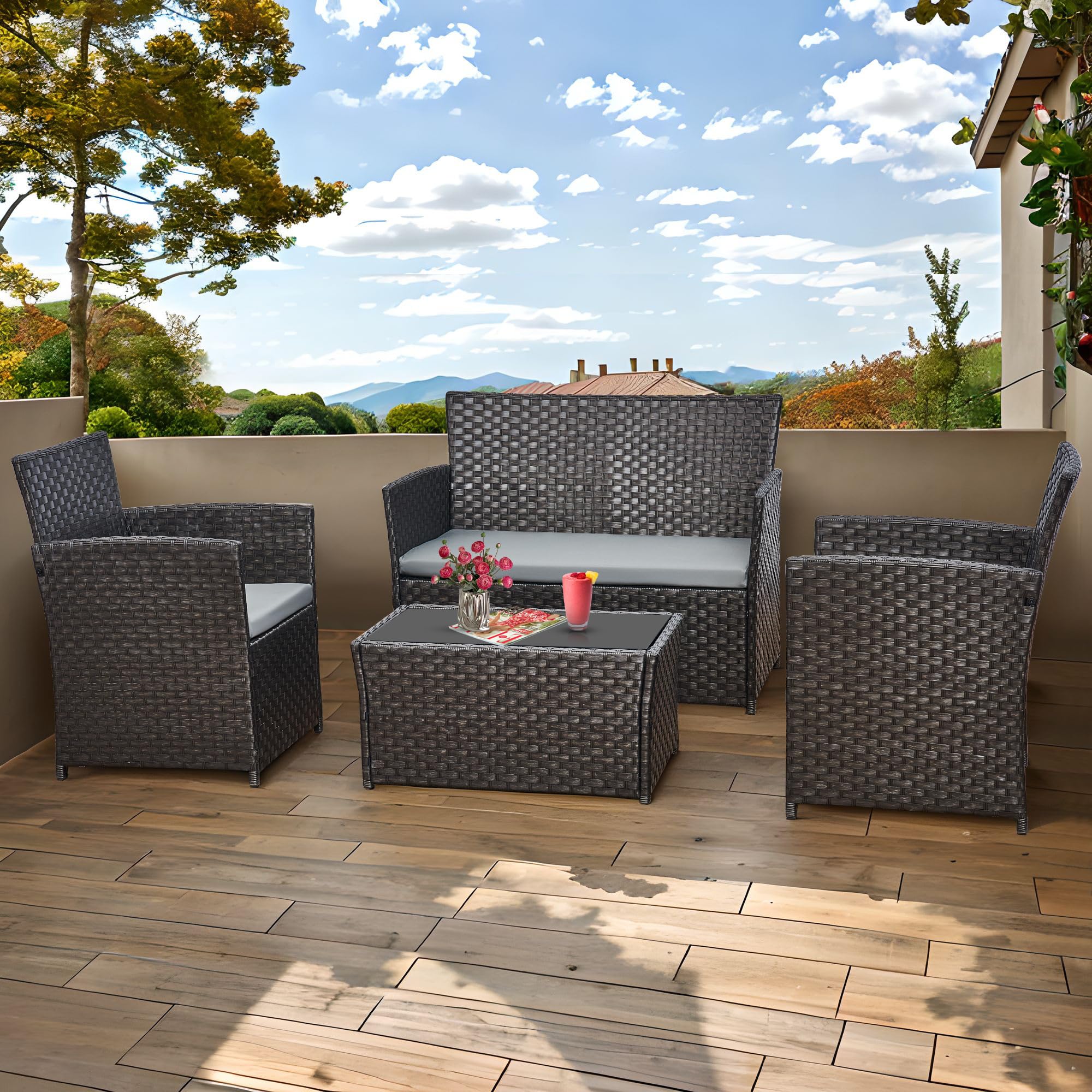 4 Piece Rattan Garden Furniture Sets, Patio Conservatory Set, Include Rattan loveset Sofa, Chair, Glass Coffee Table