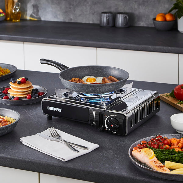 Geepas Gas Stove Single Burner – Portable Camping Stove BBQ Cooker with Carry Case, Outdoor Grill Plate – Automatic Ignition System, Enamel Pan Support, Butane Can or LPG Gas Source